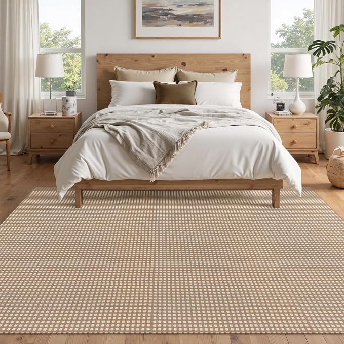 Rugalia Washable Woven 5x7 Area Rug, Camel Natural Cotton Living Room Rugs Low Plie Non-Slip Outdoor Patio Rug, Modern Farmhouse Neutral Plaid Floor Carpet for Dining Room Bedroom Balcony
