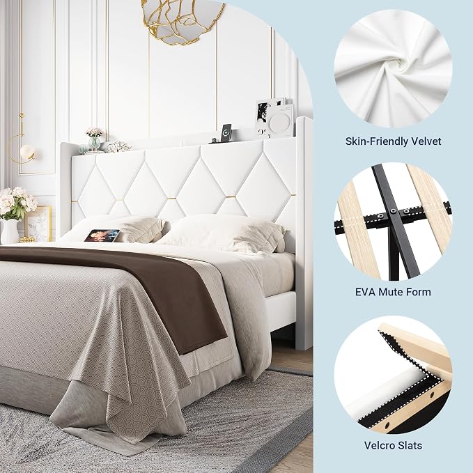 Allewie Queen Bed Frame with Storage Headboard & Charging Station | Diamond Tufted Design & Gold Trim, Velvet Upholstered Platform Bed, No Box Spring Needed, Easy Assembly, Noise-Free, White