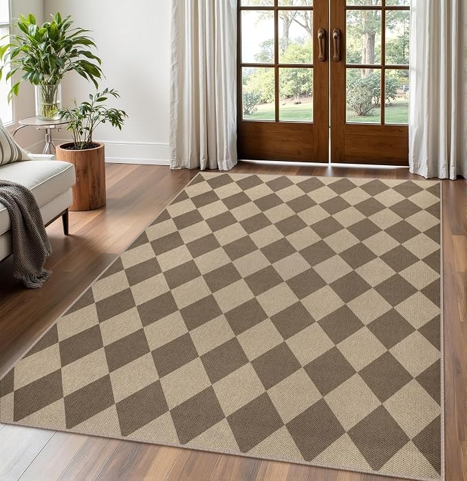 Rugalia Easy Jute 5x7 Outdoor Patio Rug, Washable Brown Checkered Rugs for Living Room, Non-Slip Farmhouse Diamond Outdoor Mat Neutral Abstract Floor Carpet for Patio Dining Room Backyard