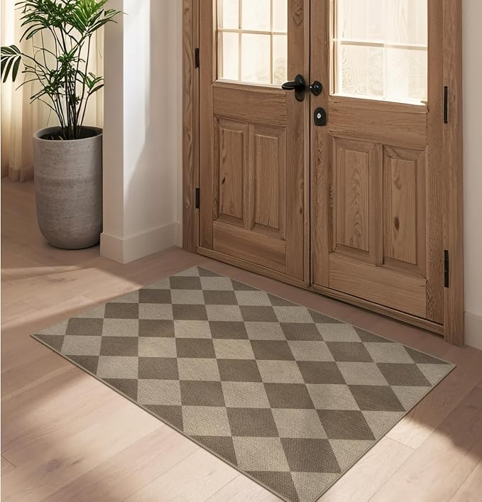 Rugalia Easy Jute Checkered Entryway Rug, 2.6x4 Brown Modern Indoor Outdoor Doormat, Washable Non-Slip Neutral Kitchen Rug Farmhouse Diamond Throw Rugs for Entrance Bedroom Bathroom