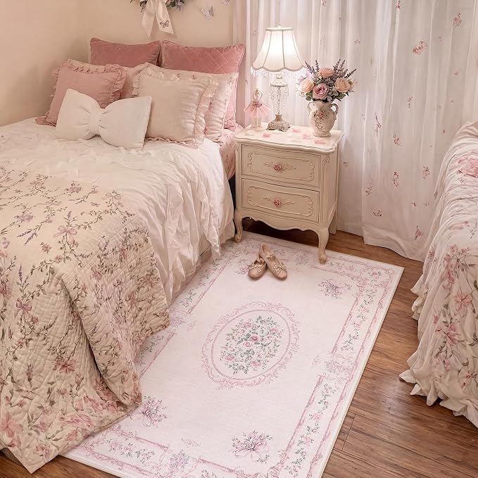 Tribesigns Floral Bow 3x5 Pink Rug for Girls Bedroom, Soft Rose Medallion Washable Nursery Living Room Area Rug, Non-Slip Low Pile Boho Floral Carpet for Dorm Kids Playroom, Pink/3x5