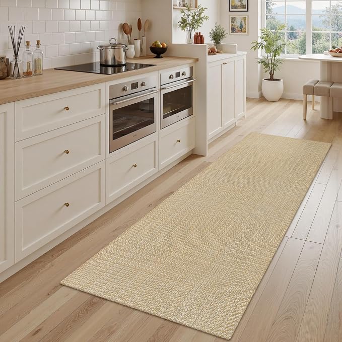 Rugalia Washable Woven Indoor Outdoor Runner Rug 2x6, Natural Beige Cotton Rug Runners for Hallway Non-Slip Long Kitchen Mat, Modern Neutral Throw Runner Carpet for Entryway Porch Patio