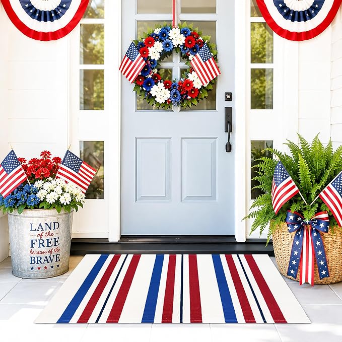 4th of July Door Mat Rug 28"x43", Patriotic Outdoor Rug for Front Porch, Red White and Blue Striped Layering Mat, Patriotic Door Mat for Indoor Outdoor Entryway Farmhouse Decor