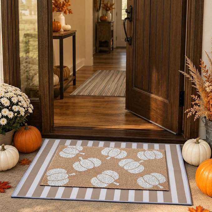 2Pcs Fall White Pumpkin Doormats Autumn Buffalo Plaid Striped Door Mats Set Outside Inside Entrance Porch Rugs Durable Scraping Wire Loop Crystal Velvet Floor Mat for Thanksgiving Decor 24x32