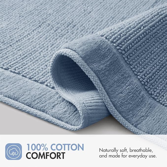 Madison Park Sanctuary 100% Cotton Non-Slip Bath Rug, 17x24 Inch, Blue | Low-Profile Woven Design, Ultra Soft Absorbent & Machine Washable, Ideal for Bathroom Bedroom and Entryway Decor