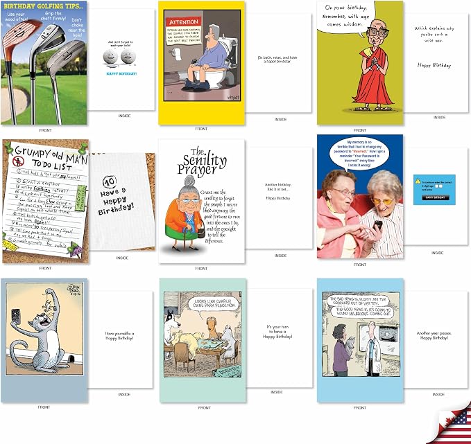 NobleWorks Variety Pack of 36 Funny Birthday Cards Assortment Dry Wit Adult Humor Style Edgy Adult Humor BDay Bulk Box Set Birthday Favorites Collection for Men AC2911BDG-B1x36