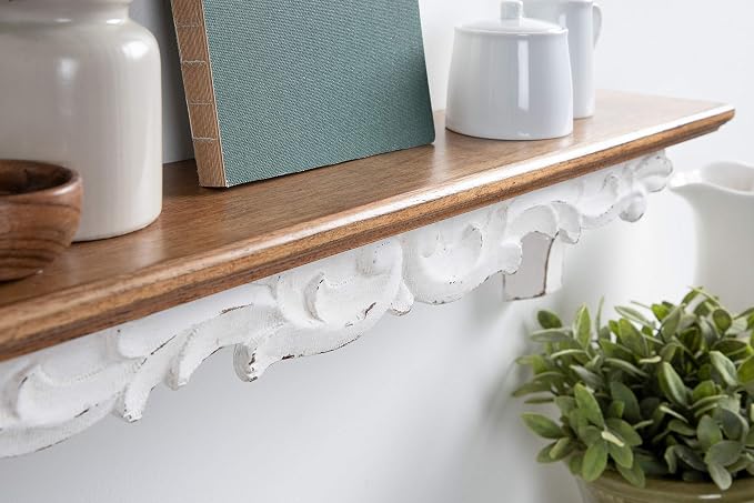 Kate and Laurel Abberly Farmhouse Wall Shelf, 28 x 5 x 6.5, Rustic Brown and White, Rustic Floating Shelf for Wall