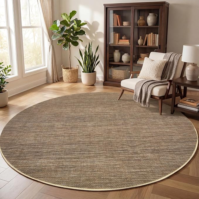 GarveeHome 6ft Washable Round Rug Large Solid Bedroom Easy Jute Area Rugs | Modern Non Slip Living Room Circle Rugs Dining Room Throw Carpet Indoor Round Rugs for Kitchen Nursery Entryway, Brown