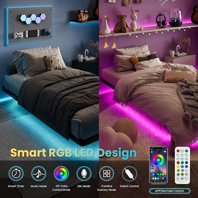 SHA CERLIN Twin Size Floating Bed Frame with Smart LED Lights, Black | Modern Design Metal Platform Bed with Power Strip, No Box Spring Needed, Noise-Free, Easy Assembly