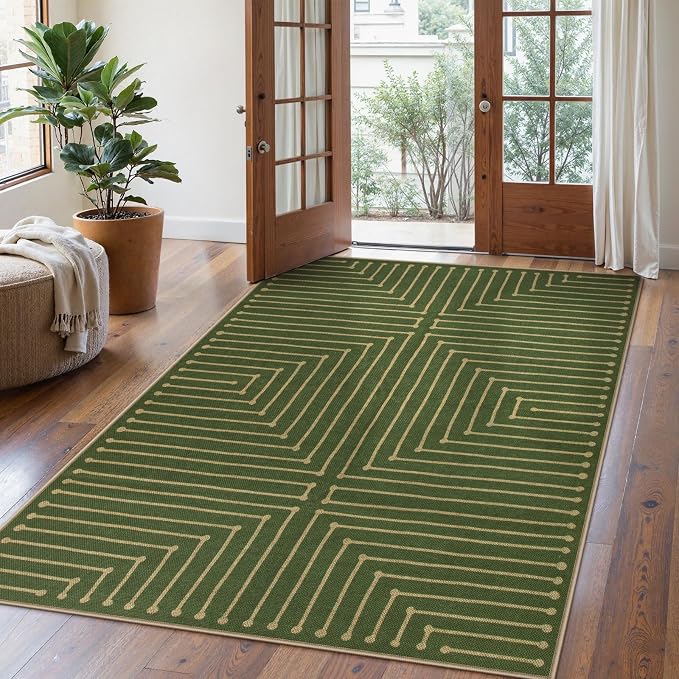 Lahome Neutral Easy Jute Outdoor Rug 5x7, Green Rug for Living Room | Farmhouse Rhombus Non Slip Non Shedding Low Pile Dining Room Carpet for Under Table Patio