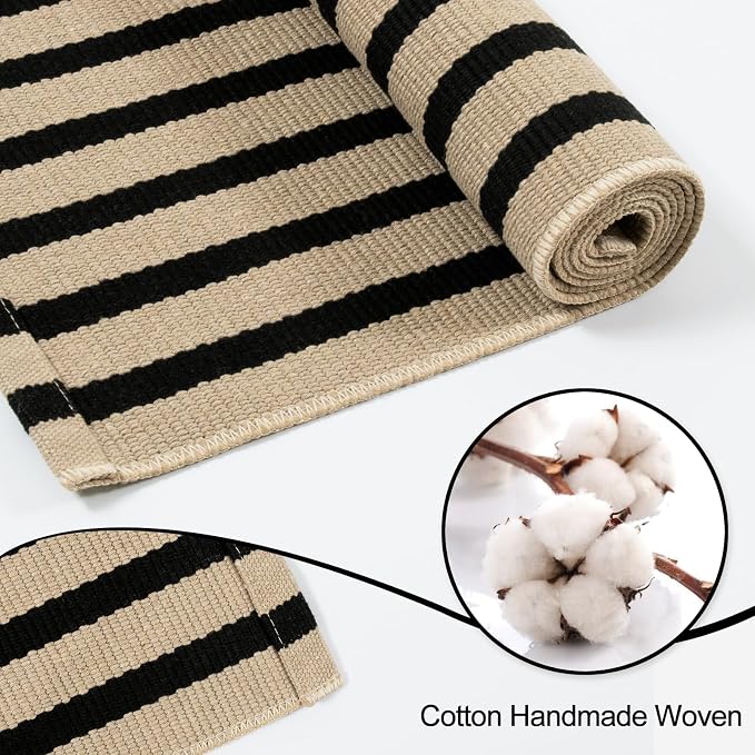 OJIA Outdoor Porch Rug Front Door Mat 24"x51", Black and Tan Striped Rugs | Washable Outdoor Rugs Front Door Rugs Cotton Woven Kitchen Rugs Small Area Rugs for Entryway/Patio/Outside Entrance Decor
