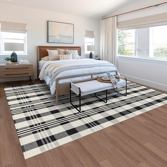 Buffalo Plaid Rug 6x9 Feet Cotton Woven Black and Off White Checkered Buffalo Check Area Rug Washable Indoor Outdoor Carpet for Living Room Bedroom Dining Room Patio Farmhouse
