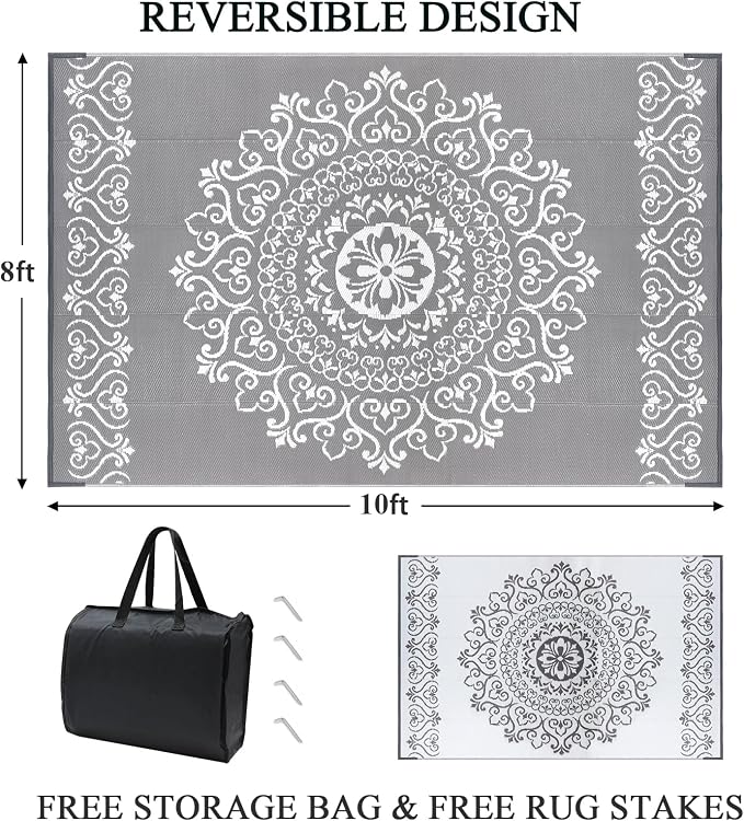 Pauwer Waterproof Outdoor Rug 8x10, Reversible Plastic Straw Patio Camping Rug, Indoor Outdoor RV Mat Carpet for Deck, Camper, Porch, Balcony, Backyard, Picnic, Floral Grey | Reversible Patio Rug, UV Resistant Indoor Outdoor RV Mat Carpet For Deck, Cam...