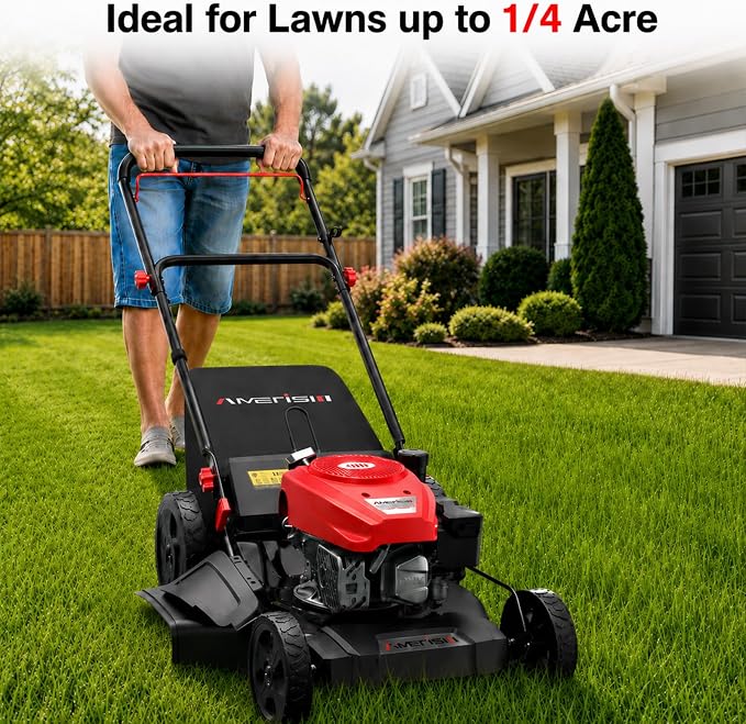 AMERISUN 21" 144cc 4-Cycle OHV Gas Push Lawn Mower,3-in-1 Walk-Behind Mower | Lightweight design with 6 height settings. Mulching, side discharge and rear bag system for backyard yard maintenance