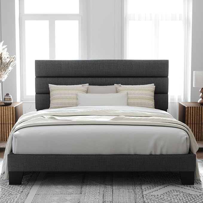 Allewie King Size Platform Bed Frame with Fabric Upholstered Headboard Gray | Wooden Slats Support, Fully Upholstered Mattress Foundation, No Box Spring Needed, Easy Assembly, Noise-Free, Dark Grey