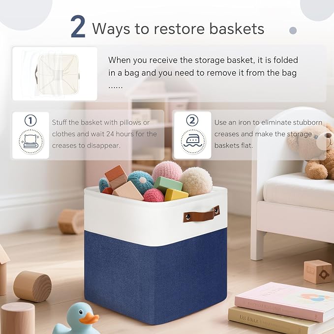 FinishingBo 11 inch Cube Storage Bin 6 Pack, Cube Organizer Bins | Fabric Storage Bins With Handles, 11x11 Storage Cubes, Shelf Basket, White/ Blue