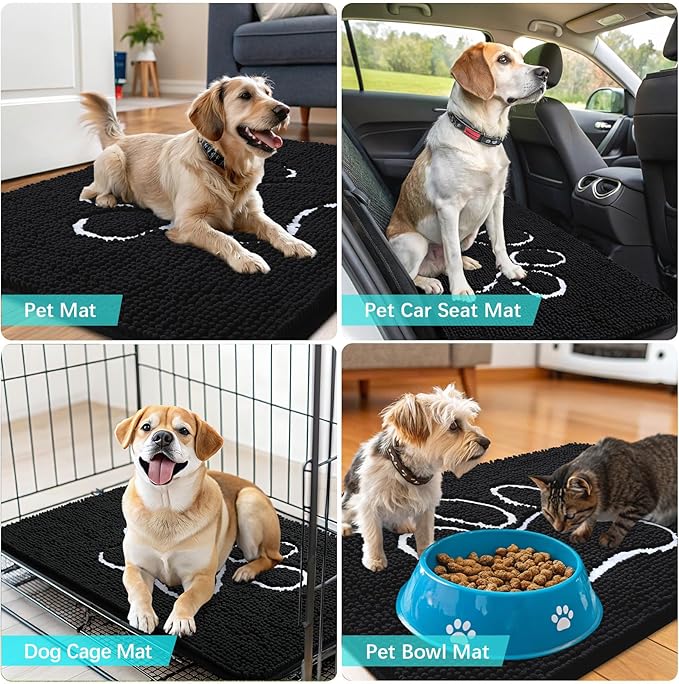 OLANLY Dog Door Mat for Muddy Paws 70x46, Paw Print Design, Absorbs Moisture and Dirt, Absorbent Non-Slip Washable Doormat, Quick Dry Chenille Mud Mat for Dogs, Entry Indoor Entryway Carpet, Black