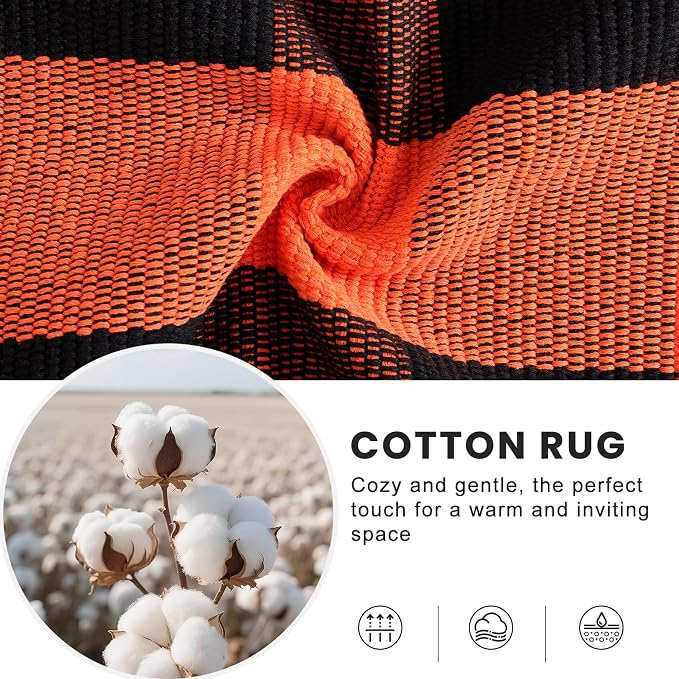 OLANLY Buffalo Plaid Rug 4' x 6' | Orange and Black Cotton Checkered Doormat, Washable Indoor Outdoor Rug for Layered Front Porch, Kitchen, Entryway Decor