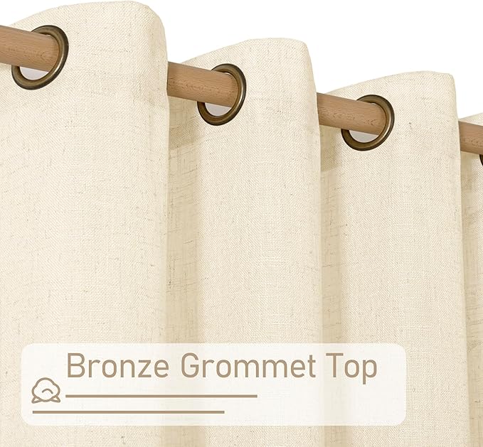 LAMIT Beige Linen Sheer Curtains 90 inch for Living Room, Soft Thick Bronze Grommet Light Filtering Boho Window Textured Neutral Drapes for Bedroom Farmhouse, 2 Panels Set, 52 x 90 Inch