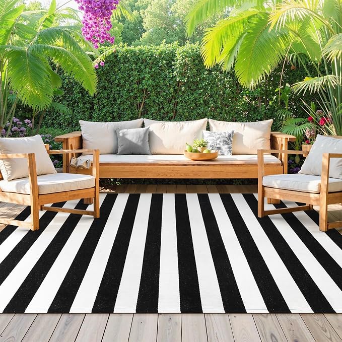 Collive Black and White Striped Rug 5' 7" x 7' 7" Washable Large Patio Rug Cotton Hand Woven Indoor Outdoor Rug Farmhouse Rug Floor Carpet for Porch Decor Backyard Dining Room Entryway