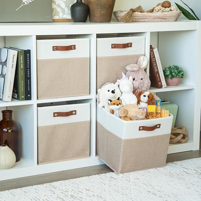 OrganiHaus 12x12 Cube Storage Bins, Set of 4 - Fabric Storage Cubes | Sturdy, holds its shape; odor-free; fits 12-inch cube shelves; vegan leather handles