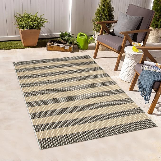 Black and Tan Boho Striped Rugs, 3x5 Rug Outdoor Front Door Mat Hand Woven Washable Rugs for Entryway, Foldable Front Porch Rug for Kitchen/Home Entrance/Farmhouse
