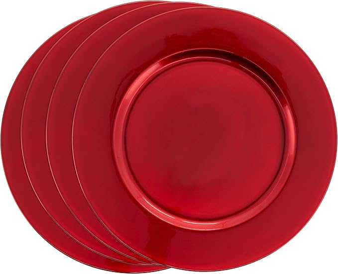 SARO LIFESTYLE Decorative Charger Plates, 13” Round Plastic Charger Plates, Set of 4 – Elegant Table Décor for Events, Weddings & Home Dining, Red