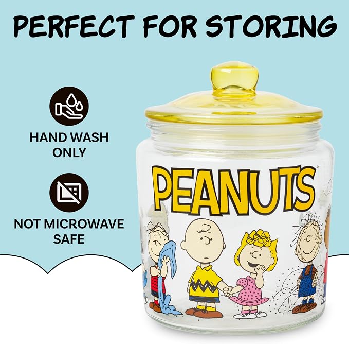 Silver Buffalo Peanuts Squad Featuring Snoopy, Glass Jar with Lid | Cookie Snack Candy Jar, Featuring Charlie Brown, Schroeder, Lucy, Linus, Sally, Pigpen, Woodstock, and Franklin, Small Size