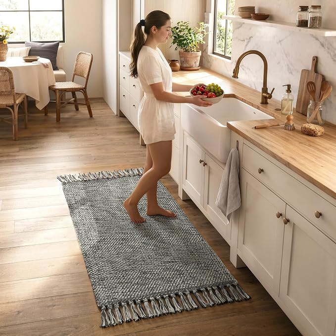 Collive 2' x 4.3' Indoor Outdoor Rug, Modern Farmhouse Kitchen Runner Rugs Hand-Woven Bathroom Rugs, Boho Washable Entry Carpet Grey Reversible Front Door Mats for Laundry Bedroom Porch Decor