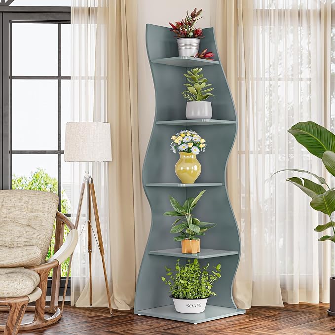 LITTLE TREE Small Corner Shelf, Modern 5-Tier Wall Corner Bookshelf, Stylish Bookcase Storage Rack for Small Space, Living Room, Bedroom, Blue, 1 Pack