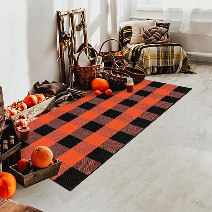 Buffalo Plaid Outdoor Rug Orange and Black 2x4.3 Cotton Woven Checkered Rug Washable Halloween Front Porch Rug Layered Fall Outdoor Mats for Front Door Autumn Farmhouse Entryway Patio Decor