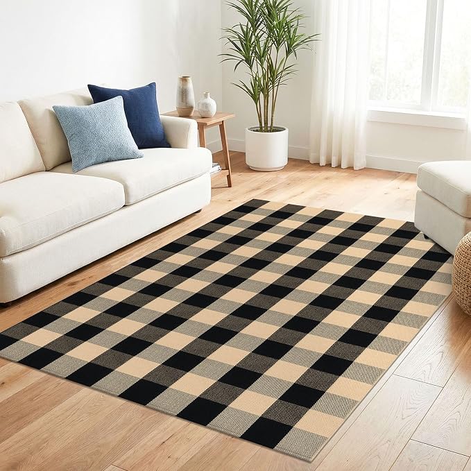 KILOCOCO Buffalo Plaid Checkered Rug 4x6 ft Front Door Rug, Brown and Black | Machine Washable Front Porch Rug, Outdoor Indoor Living Room Rug, Cotton Low Pile Rugs for Kitchen Patio Dining Room