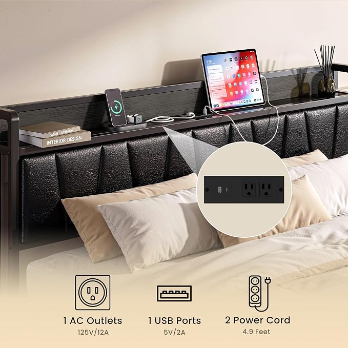 LIKIMIO Queen Bed Frames, PU Leather Storage Headboard with Charging Station, Solid and Stable, Noise Free, No Box Spring Needed, Easy Assembly, Black