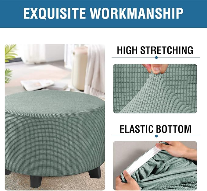 H.VERSAILTEX Ottoman Cover Stretch Ottoman Slipcover Round Ottoman Storage Cover Folding Stool Covers Furniture Protector Cover for Footrest Ottoman Fit Dia 20" - 23", Sage
