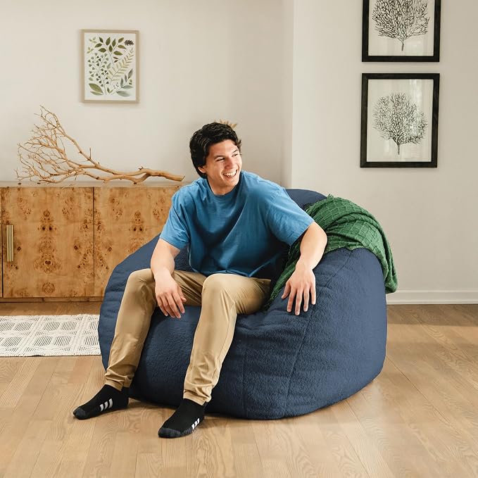 Big Joe Cloudberry Bean Bag Chair, Foam-Filled Structured Seat, Teddy Boucle, Slate Blue, Adults