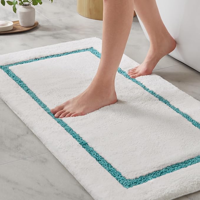 Madison Park Roan Border Tufted Bath Rug Non-Slip Absorbent, 24 x 48, Aqua | Microfiber, Soft Pile, Machine Washable, OEKO-TEX Certified, Plush Bathroom Mat, Non Slip TPR Backing
