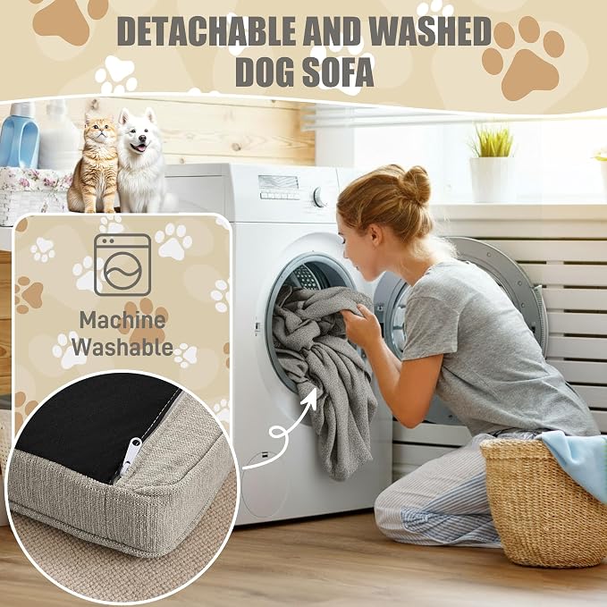 Dog Sofa Couch for Medium to Large Dogs, 55" Memory Foam Pet Sofa Couch with Washable Fabric, Durable Elevated Dog Bed with Legs, Removable Cushion for Medium and Large Dogs, Beige