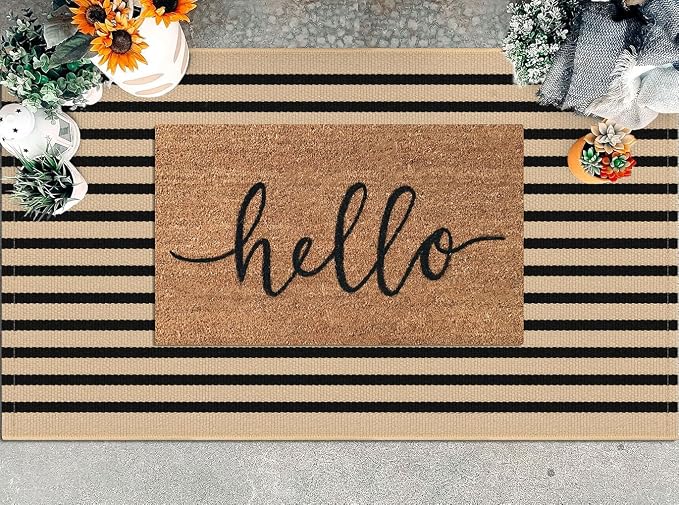KILOCOCO Striped Rug 3x5 ft Washable Front Door Outdoor Rug, Brown Black | Cotton Layered Doormats, Washable Front Porch Rug, Woven Low Pile Welcome Mat for Kitchen Entryway Farmhouse Patio