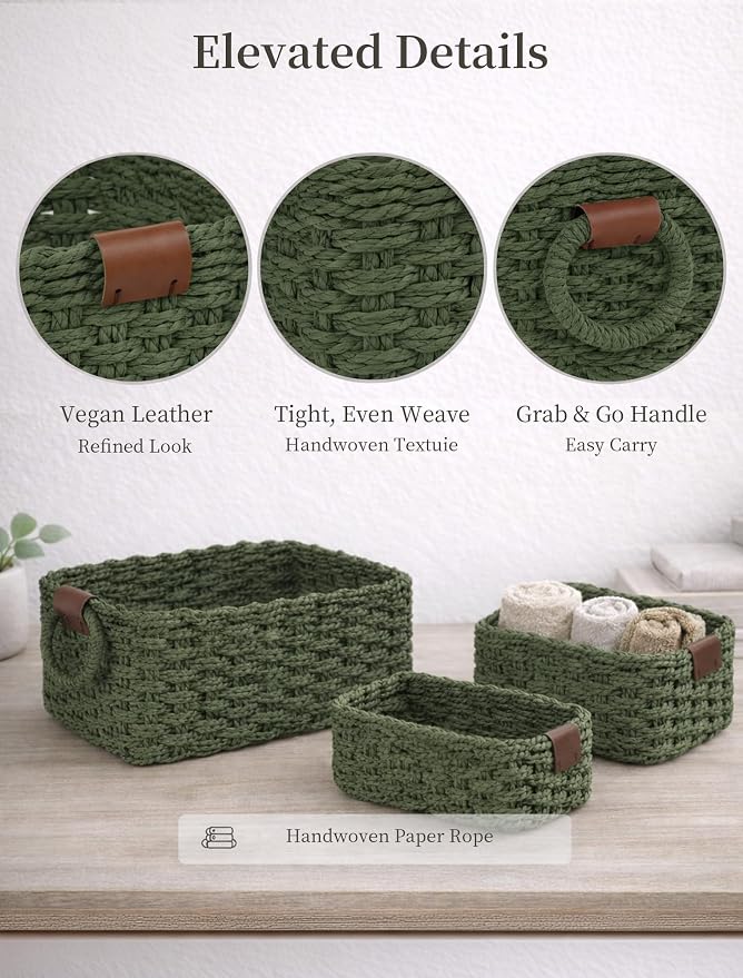 Small Wicker Baskets, 3 PCS Paper Rope Baskets for Shelves, Green | Recycled Small Baskets, 3 Sizes Woven Baskets for Organizing, Decorative Storage Baskets for Bedroom and Bathroom
