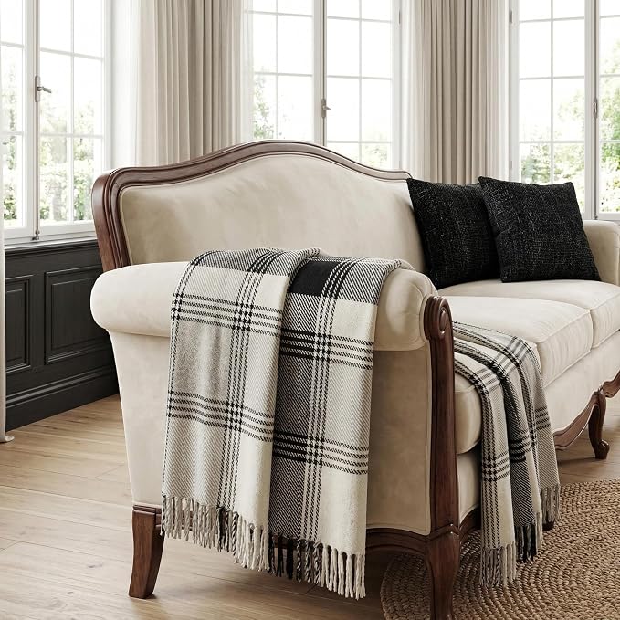 Americanflat 50x60 Throw Blanket - Soft and Breathable Cotton Throw Blanket for Couch, Bed, Chair - Decorative Blankets Perfect for Home, Office, or Outdoor Use - Black and Beige Plaid Design