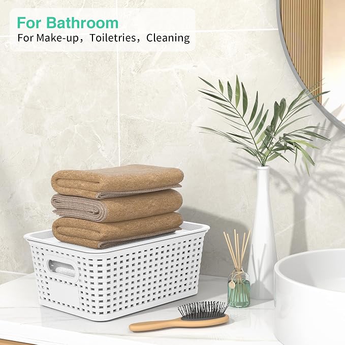 8 Pack Plastic Storage Baskets,White Stackable Bins with Lid | 5.3qt Storage Containers with Labels for Organizing Shelves Drawers Desktop Closet Playroom Classroom Office
