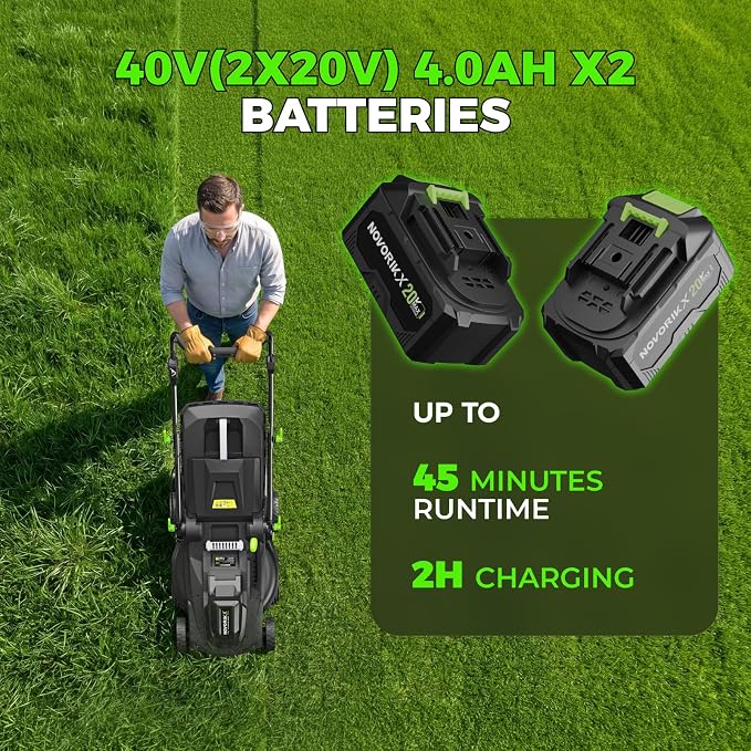 NovorikX 40V 17-Inch Cordless Lawn Mower, Brushless Electric Lawn Mower with Dual 4.0Ah Batteries & Charger, 6 Cutting Heights, 2-in-1 Mulching & Bagging