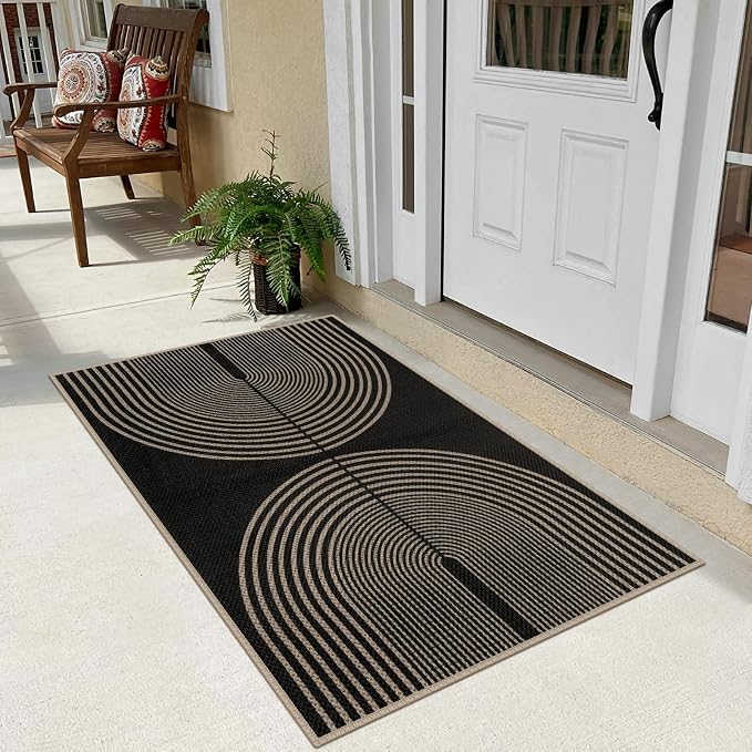 Rugalia Easy Jute Rainbow Entryway Rug, 2.6x4 Black Washable Non-Slip Indoor Outdoor Doormat, Boho Farmhouse Neutral Kitchen Rug Modern Abstract Throw Rugs for Entrance Bedroom Bathroom