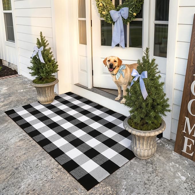 KIMODE Buffalo Plaid Outdoor Rug 3x5, Farmhouse Cotton Front Door Mat, Washable Black and White Checkered Rug Spring Outdoor Decor for Welcome Layered Door Mat Front Porch Entryway Kitchen