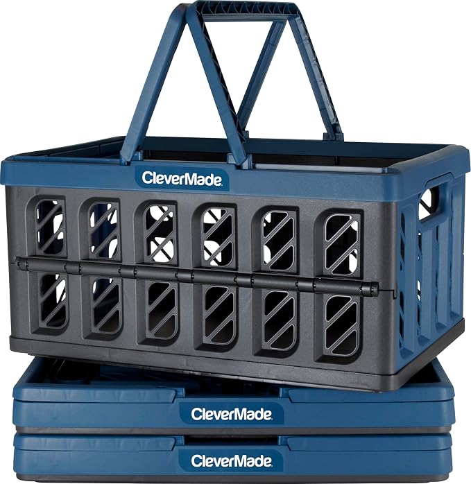CleverMade Collapsible Shopping Basket, 24L, 3 Pack, Ocean | Rigid walls protect groceries and supplies. Each basket carries 25 lb, stacks securely, and folds to 2.25 inches.