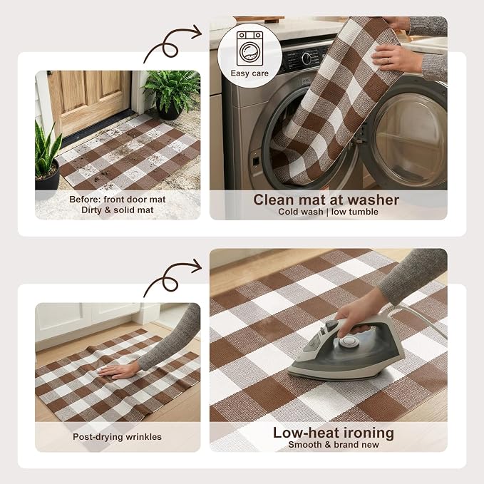 Uphome Bufflo Plaid Outdoor Rug 3'x5', Fall Decor Checkered Front Door Mat, Indoor Outdoor Farmhouse Cotton Porch Rug for Layered Door Mats, Washable Brown Area Rugs for Patio Entryway Kitchen