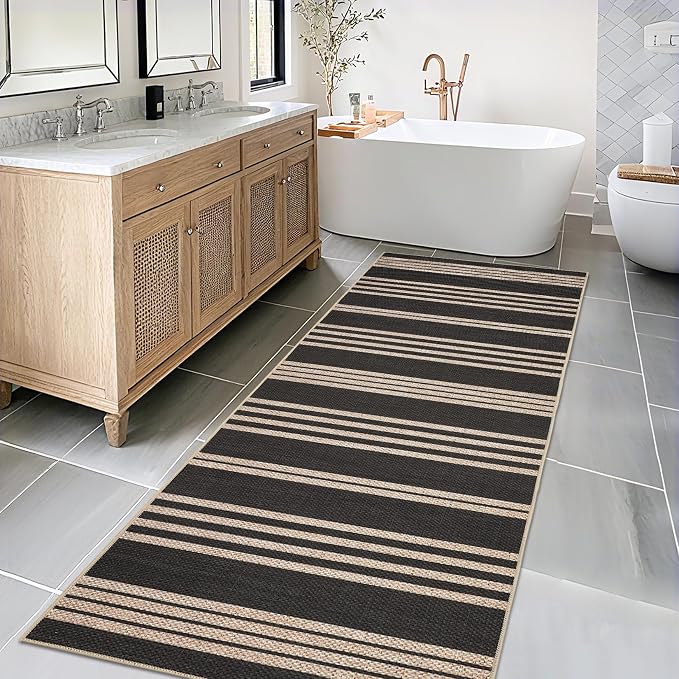 COZYLOOM Indoor Outdoor Area Rugs 2x6 Runner Rug for Hallway Non Slip Stain Resistant Jute Rug for Kitchen Modern Striped Foldable Mats for Bathroom Bedroom Entryway Laundry Room, Black/White