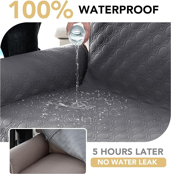 H.VERSAILTEX 100% Waterproof Recliner Chair Covers, Recliner Covers Non-Slip Stay in Place, Thick Cover for Recliner Chair with Pocket, Dog Couch Cover Protector Washable(Grey, 28")