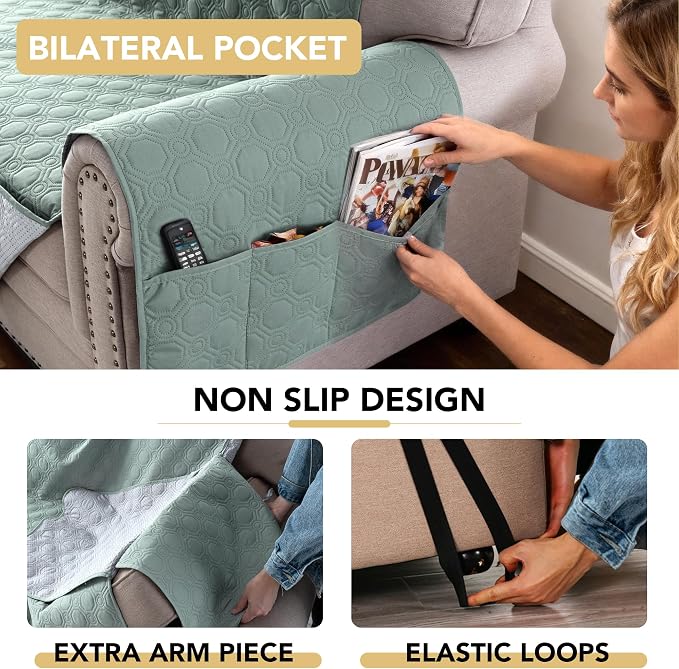 H.VERSAILTEX 100% Waterproof Couch Cover Thick Durable Sofa Slipcover with Storage Pocket Triple Nonslip Furniture Protector for Dogs, Children, Pets, Machine Washable (Sofa, Lily Pad)