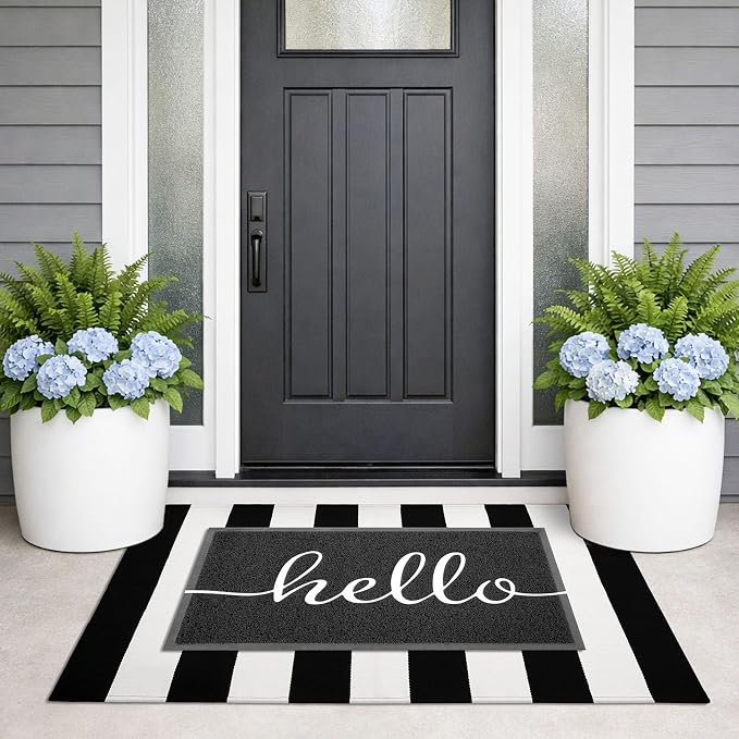 KILOCOCO Black and White Striped Rug 2.3'x3.6' Indoor Outdoor Rugs Front Door Mat Hand Woven Cotton Washable Striped Layered Doormats for Front Porch/Kitchen/Farmhouse/Entryway/Patio | Indoor Outdoor Rug, Cotton Layered Doormats, Low Pile Front Porch R...